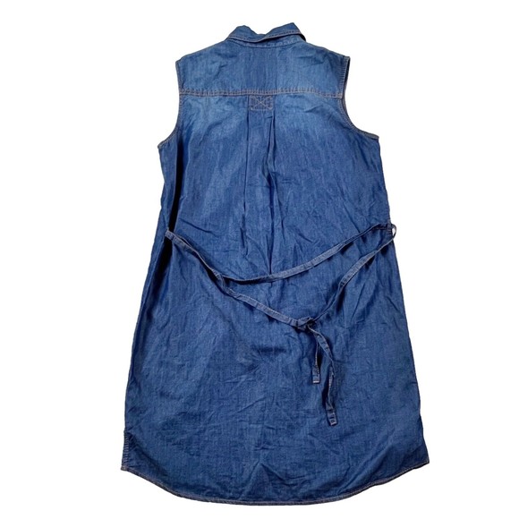 True Religion Chambray Shirt Utility Dress Sleeveless Tie Waist Dark Wash Sz Sm - Picture 6 of 11
